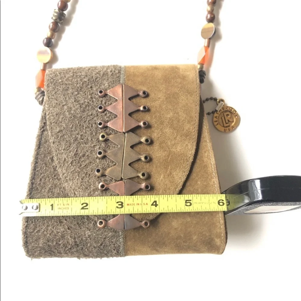 LEATHEROCK Olive & Tan Suede Box Shoulder Bag with Bead & Bronze Detail - Picture 9 of 13